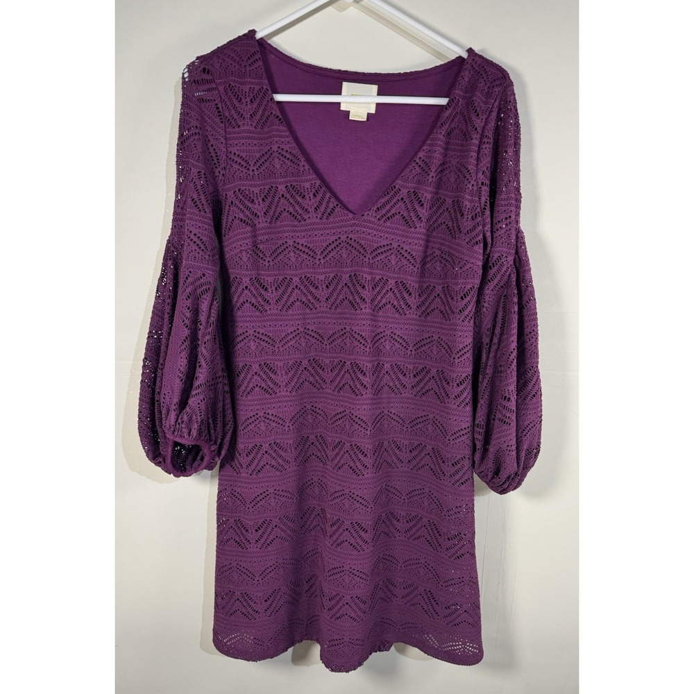 Maeve Crochet Mini Dress Womens Purple Balloon Sleeve V-Neck Pointelle Anthro XS